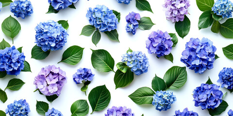 An Intricate Pattern of Blue and Purple Flowers, Interspersed with Lush Green Leaves, Set Against a Clean White Background for Premium Quality Projects