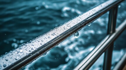 Rain drops bouncing off metal railing during storm