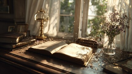 Quiet study scene by sunlit window with open blank book on wooden desk, antique brass lamp, vintage calendar, and wildflowers bathed in soft golden sunlight and gentle curtain shadows