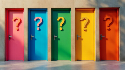 Row of five colorful doors (pink, blue, green, yellow, orange) each marked with a yellow question mark, representing choices, decisions, and uncertainty