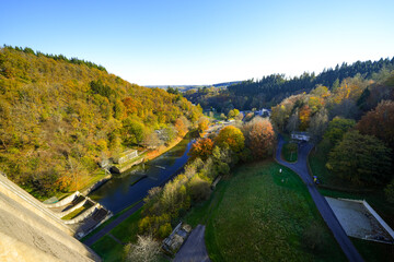 View of the Oleftalsperre Dam and the surrounding landscape. Nature at the lake near the Eifel...
