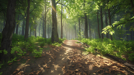 Serene Sunlit Forest Paths: Morning Light Filtering Through Lush Canopies