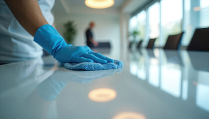 Person in blue gloves cleans white table with microfiber cloth in office meeting room. Worker wipes, removes dust, makes surface shine. Cleaning service, hygiene at workplace. Cleanliness, sanitation.