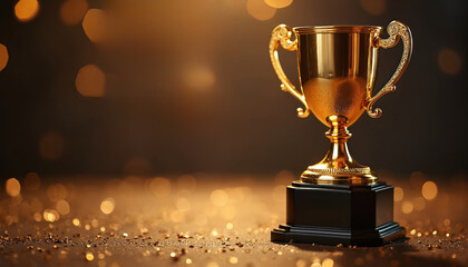 Golden trophy cup stands on table. Concept of winner champion success. Award with bokeh, gold glitter on dark background. Business, achievement, leadership, victory, sport competition concept.