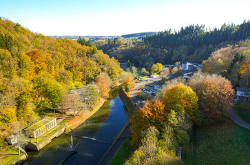 View of the Oleftalsperre Dam and the surrounding landscape. Nature at the lake near the Eifel...