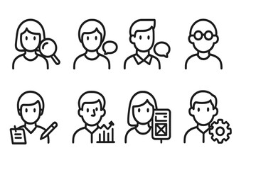 UX Team Iconography. Line style icons of UX team roles: UX researcher, participant, moderator, observer, note-taker, analyst, UX