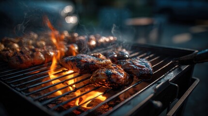 Sizzling Barbecue Feast: An inviting close-up of a barbecue grill, sizzling with juicy cuts of meat and vibrant flames, embodying the essence of outdoor cooking and culinary delight.