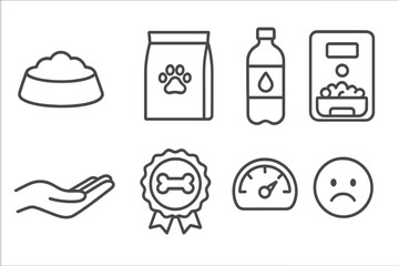 Virtual Pet Icons. Line style icons of virtual pet care: feeding bowl icon, pet food bag, water bottle, digital treat dispenser.