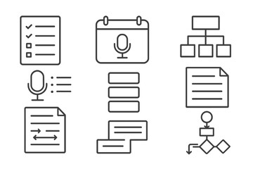 Podcast Planning Icons. Line style icons of sound design and podcasting: episode planner sheet, podcast calendar icon, show