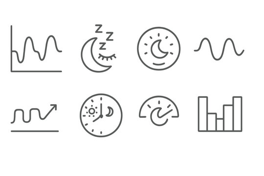 Sleep Health Icons. Line style icons of sleep and health: sleep cycle chart, REM phase icon, deep sleep badge, light sleep wave.