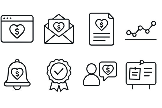 Crowdfunding Icons Set. Line style icons of crowdfunding and donations: campaign update icon, newsletter icon, campaign status