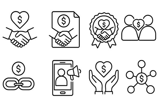 Crowdfunding Icons. Line style icons of crowdfunding and donations: nonprofit partnership icon, joint campaign file, co-branded