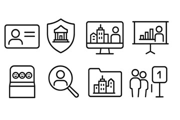 Smart City Icons. Line style icons of smart cities and urban systems: digital citizen ID icon, online governance badge, service