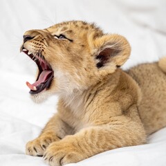 Close-up of a baby lion cub yawning with its little teeth showing, soft golden fur contrasting the white background