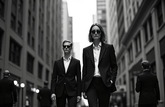 Fototapeta Stylish models in suits and sunglasses exude confidence in urban setting. Black and white photo captures city atmosphere. Modern stylish fashion editorial.