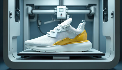 Modern shoe manufacturing with 3D printer. White, yellow athletic sneaker on the production line. Innovative tech in footwear design, production. New tech for sport shoes.