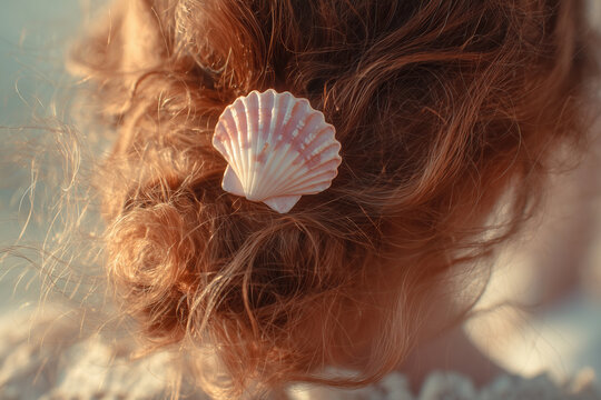 A dreamy close-up of a woman's hair styled with a delicate pink-and-white sea shell hair clip, shaped like coral or a spiked conch. The soft natural light creates a nostalgic, coastal feel. 