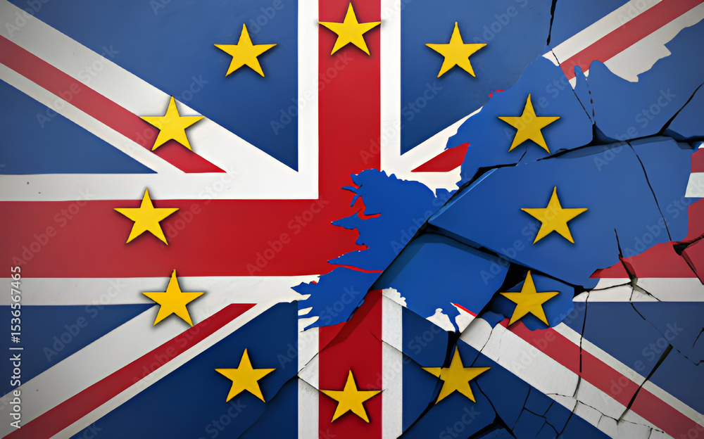 Poster import tariff policy concept. uk and eu flags merging with cracks symbolizing division.