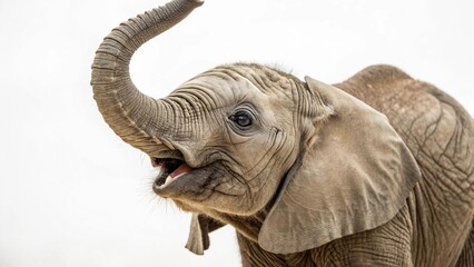Close-up of a baby elephant playfully raising its trunk, with a white backdrop