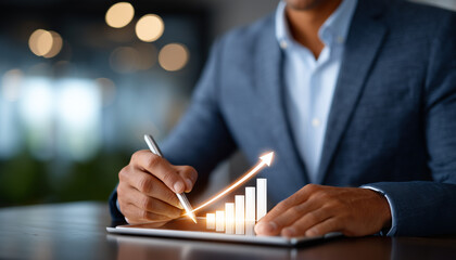 Digital Business Growth Analysis - Professional Using Stylus on Tablet with Glowing 3D Bar Graph in Clean Office Setting