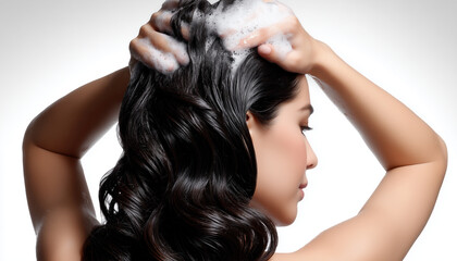Naklejka premium Luxurious Hair Care Routine - Woman Washing Black Wavy Hair with Shampoo in Studio Close-Up