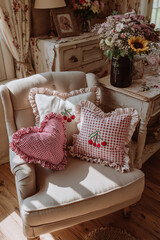 Cottagecore cherry and gingham pillows on cozy armchair
A soft beige armchair with charming throw pillows: one square cushion embroidered with small red cherries and ruffled edges, and one heart-shape