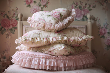 Rococo revival floral ruffled pillows in pastel interior
A stack of vintage-inspired pillows in soft pink tones, featuring delicate floral prints and ruffled edges.  