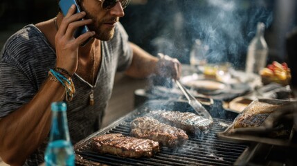 Man at Barbecue: Capturing a relaxed outdoor grilling scene, a man expertly handles the barbecue grill while chatting on his phone, a perfect fusion of culinary skill and social connection.