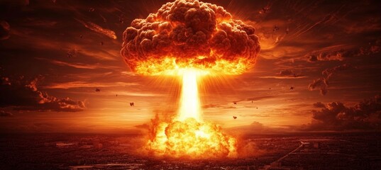 Cataclysmic Resonance Devastating Mushroom Cloud of Armageddon Over a Ruined Cityscape at Dusk