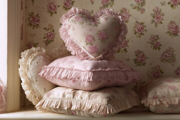 Rococo revival floral ruffled pillows in pastel interior
A stack of vintage-inspired pillows in soft pink tones, featuring delicate floral prints and ruffled edges.  