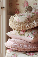 Rococo revival floral ruffled pillows in pastel interior
A stack of vintage-inspired pillows in soft pink tones, featuring delicate floral prints and ruffled edges.  