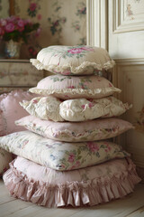 Rococo revival floral ruffled pillows in pastel interior
A stack of vintage-inspired pillows in soft pink tones, featuring delicate floral prints and ruffled edges.  