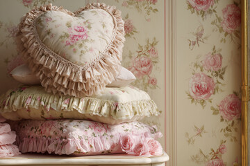 Rococo revival floral ruffled pillows in pastel interior
A stack of vintage-inspired pillows in soft pink tones, featuring delicate floral prints and ruffled edges.  