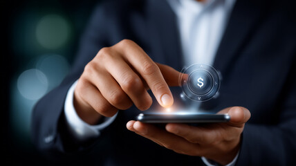 Futuristic Businessman Interacting with Virtual Risk Assessment Interface
