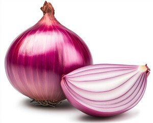 Fresh Whole Red Onion and Halved Yellow Onion Isolated on White Background - High Quality PNG Image for Food Concept