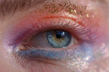 A macro close-up of an eye with ethereal aura-inspired makeup, featuring a dreamy blend of pastel rainbow colors: pink, coral, blue, lavender, and peach.  
