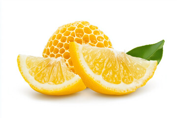 Fresh Lemon Slice on Honeycomb, Isolated on White Background