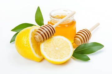 Fresh Lemon Slice on Honeycomb Isolated on White Background - Natural Citrus and Sweetness Concept