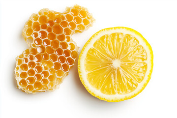 Fresh Lemon Slice on Honey Comb, Isolated on White Background for Natural Flavors and Ingredients Concept