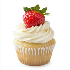 Delicate Cupcake with Cream and Strawberry - High Resolution Professional Food Photography Close-up
