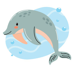 Naklejka premium A cartoon dolphin swims playfully in blue water. The dolphin has a light gray body with darker spots and a cheerful expression. Bubbles surround it.