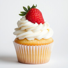Delicious Cupcake with Cream and Strawberry Topping on White Background