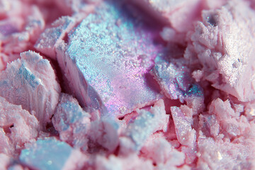  high-resolution close-up of a crushed duochrome shimmer eyeshadow in ethereal aura style. The main tone is a soft pastel pink with opalescent light-blue sparkle and holographic flecks