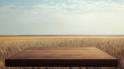 An empty wooden table against the background of a golden wheat field.