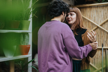 A young couple shares an emotional conversation surrounded by lush indoor plants. The intimate setting and body language suggest a meaningful interaction.
