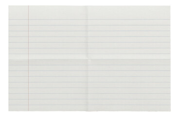 A sheet of lined notebook paper folded into quarters, featuring blue horizontal lines and a red vertical margin line on transparent background.