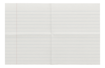 A sheet of lined notebook paper folded into quarters, featuring blue horizontal lines and a red vertical margin line on transparent background.