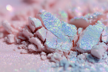  high-resolution close-up of a crushed duochrome shimmer eyeshadow in ethereal aura style. The main tone is a soft pastel pink with opalescent light-blue sparkle and holographic flecks
