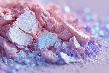  high-resolution close-up of a crushed duochrome shimmer eyeshadow in ethereal aura style. The main tone is a soft pastel pink with opalescent light-blue sparkle and holographic flecks