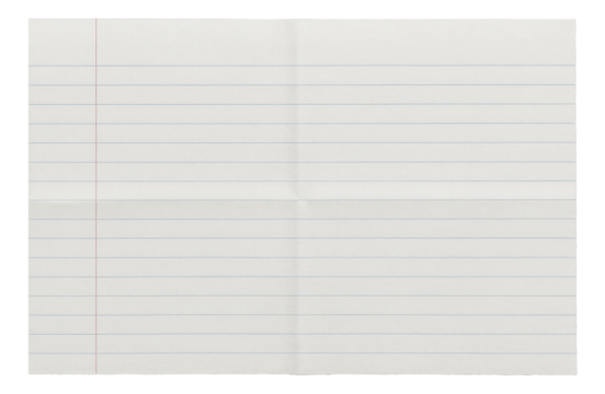 A sheet of lined notebook paper folded into quarters, featuring blue horizontal lines and a red vertical margin line on transparent background. - Powered by Adobe